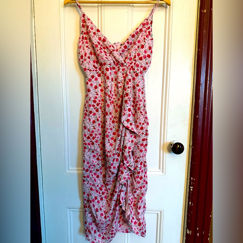 Lulus - Reason for Romance Pink Floral Print Ruffled Midi Dress